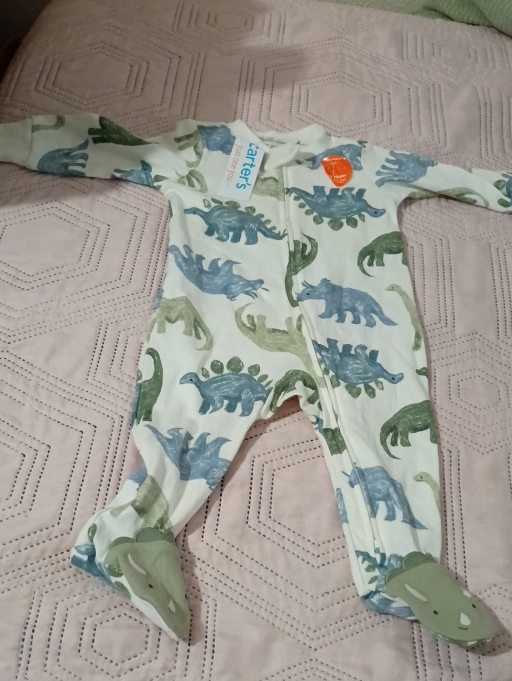 Carter's White One-Piece Footed Pajamas with Blue & Green Dinosaurs 6 Months
